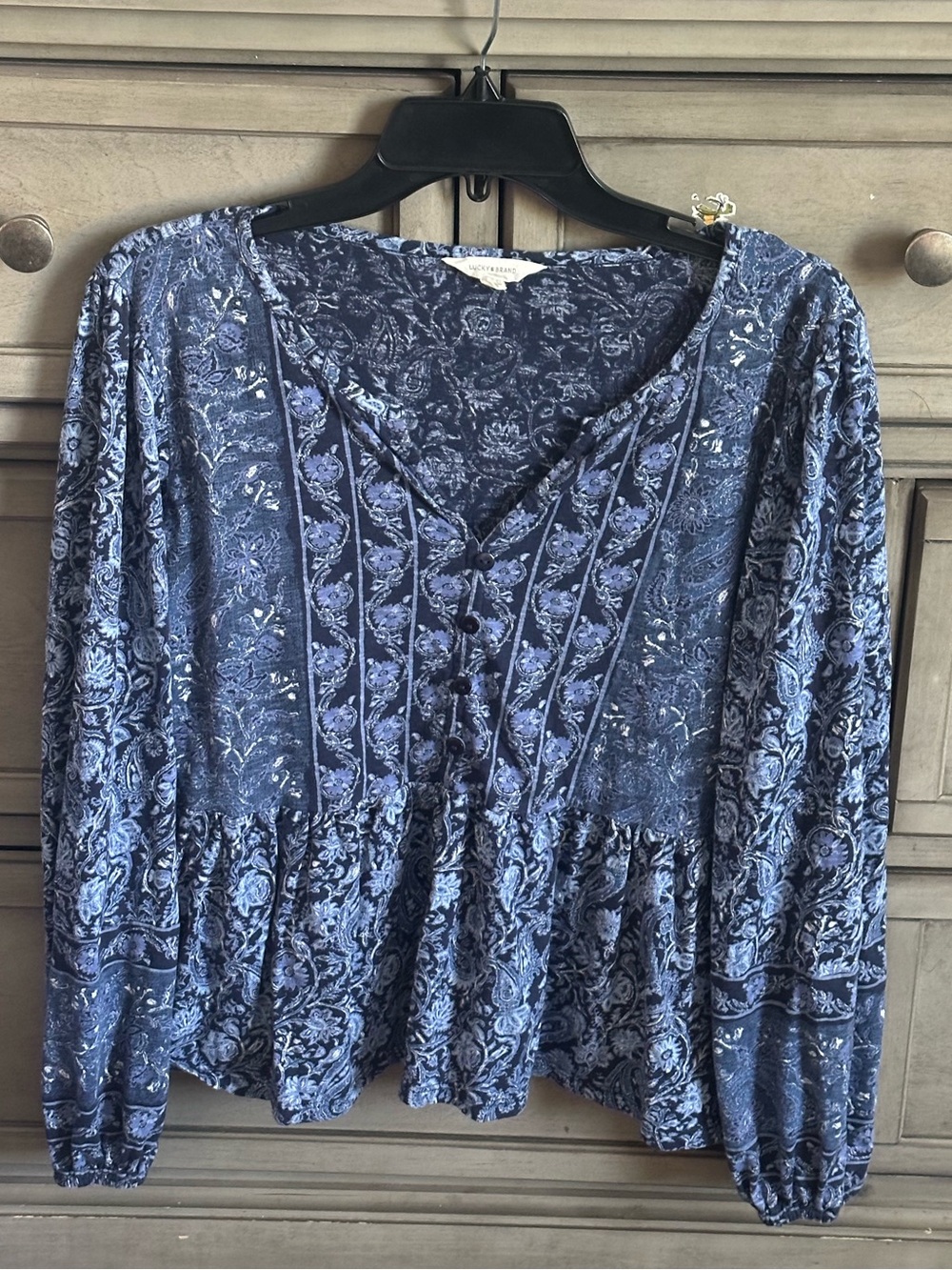 Lucky Brand Boho Floral Peasant Blouse - Blue - Size Large